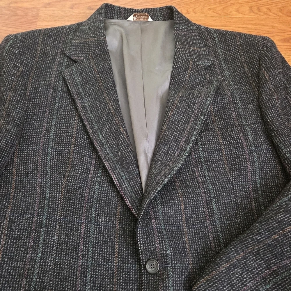 VTG 70s Centura The Broadway Wool Gray Houndstooth Blazer Sport Coat Jacket, 42R